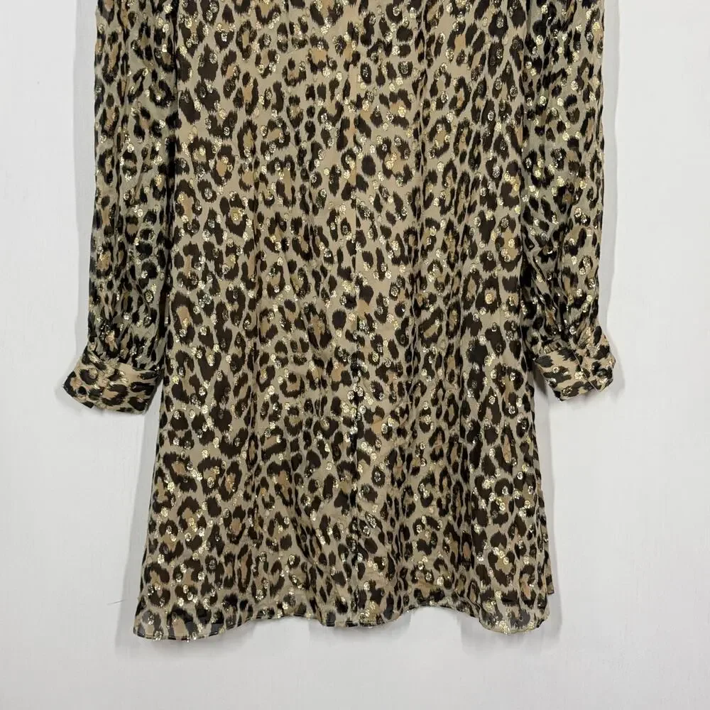 Kate Spade Mini Dress Womens Size 2 Beige Leopard Silk Blend Metallic Ruffle Dot